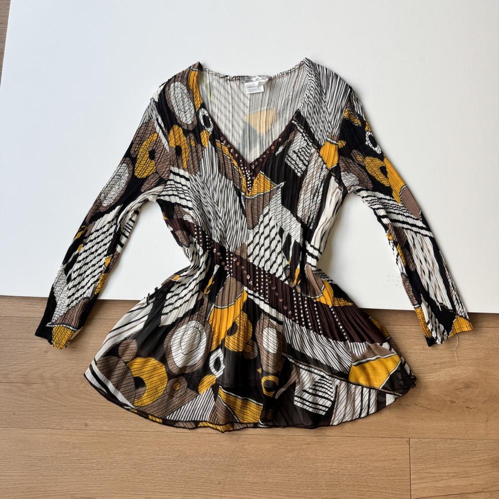 Alberto Makali Y2K Yellow Abstract Geometric Pleated Beaded V-Neck Blouse Small